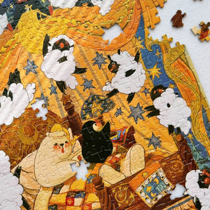 Partially completed Count Sheep jigsaw puzzle showing whimsical sheep floating around a cozy bedtime scene.