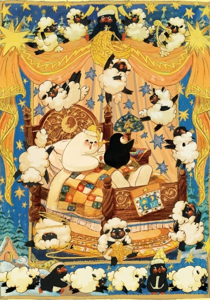 Decorative tapestry with cartoon characters on a blue background