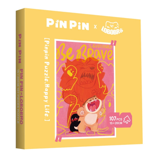 Box of Pin Pin x Lobobro "Be Brave" Mini Puzzle featuring Lobobro roaring bravely with penguin companion.