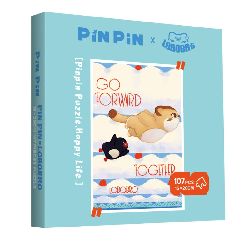 Box of Pin Pin x Lobobro "Go Forward Together" Mini Puzzle with Lobobro and penguin flying forward in the sky.