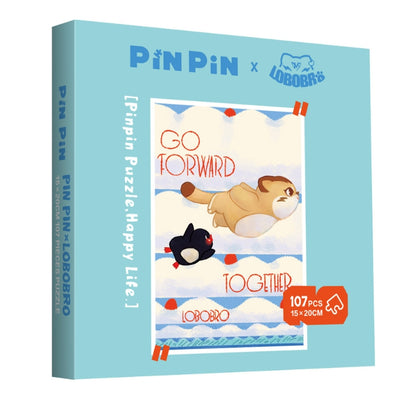 Box of Pin Pin x Lobobro "Go Forward Together" Mini Puzzle with Lobobro and penguin flying forward in the sky.