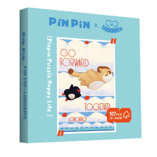 Box of Pin Pin x Lobobro "Go Forward Together" Mini Puzzle with Lobobro and penguin flying forward in the sky.