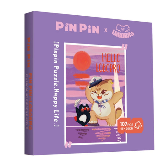 Puzzle box of Pin Pin x Lobobro Hello Lobobro Mini Puzzle featuring a sailor cat and penguin under a purple sky.