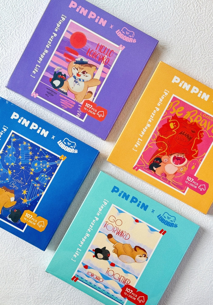 Collection of four Pin Pin x Lobobro Mini Puzzles, including Hello Lobobro, Be Brave, Go Forward Together, and Lobobro constellation design.