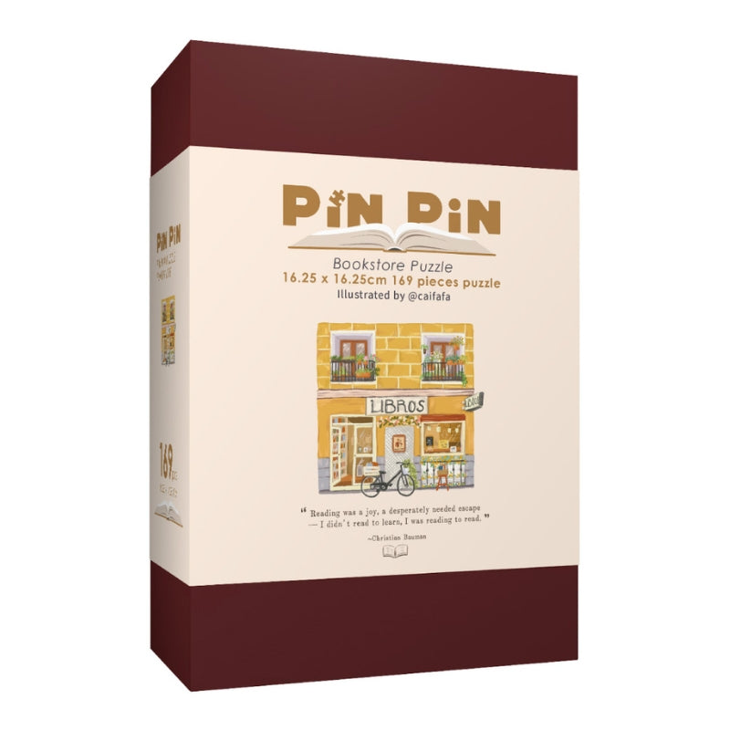 Pin Pin puzzle box featuring Libros bookstore design, 169 pieces.