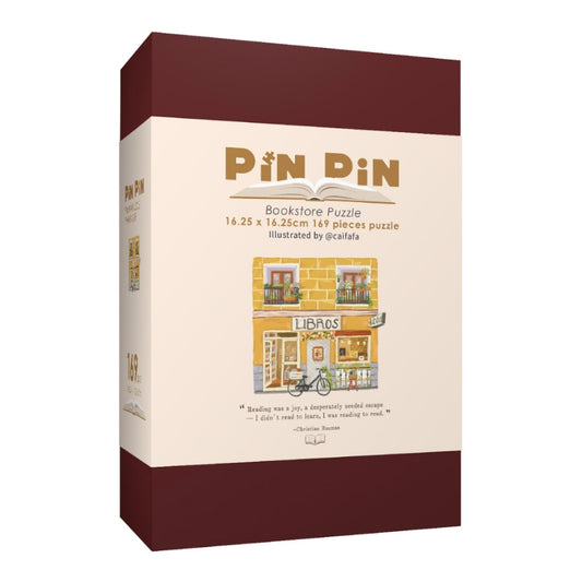 Pin Pin puzzle box featuring Libros bookstore design, 169 pieces.