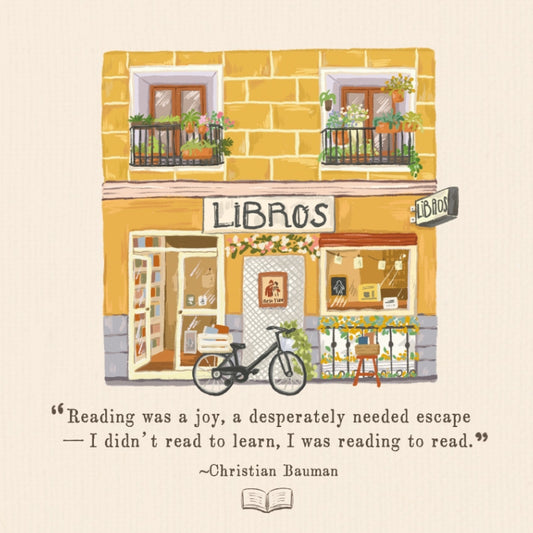 Illustrated storefront of Libros bookstore with quote by Christian Bauman.