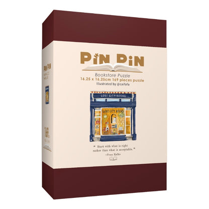 Pin Pin puzzle box featuring Lost City Books design, 169 pieces.