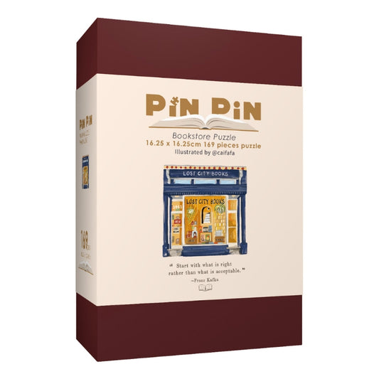Pin Pin puzzle box featuring Lost City Books design, 169 pieces.