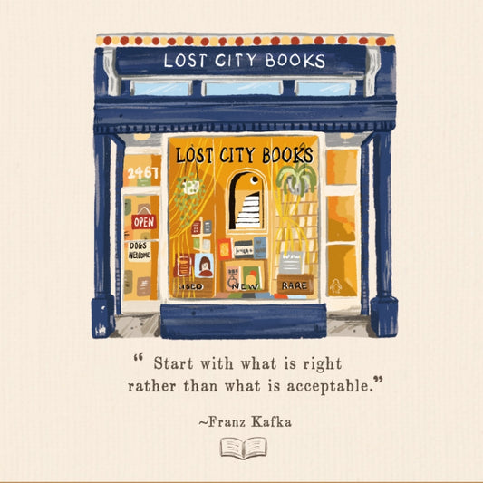Illustrated storefront of Lost City Books with Franz Kafka quote.