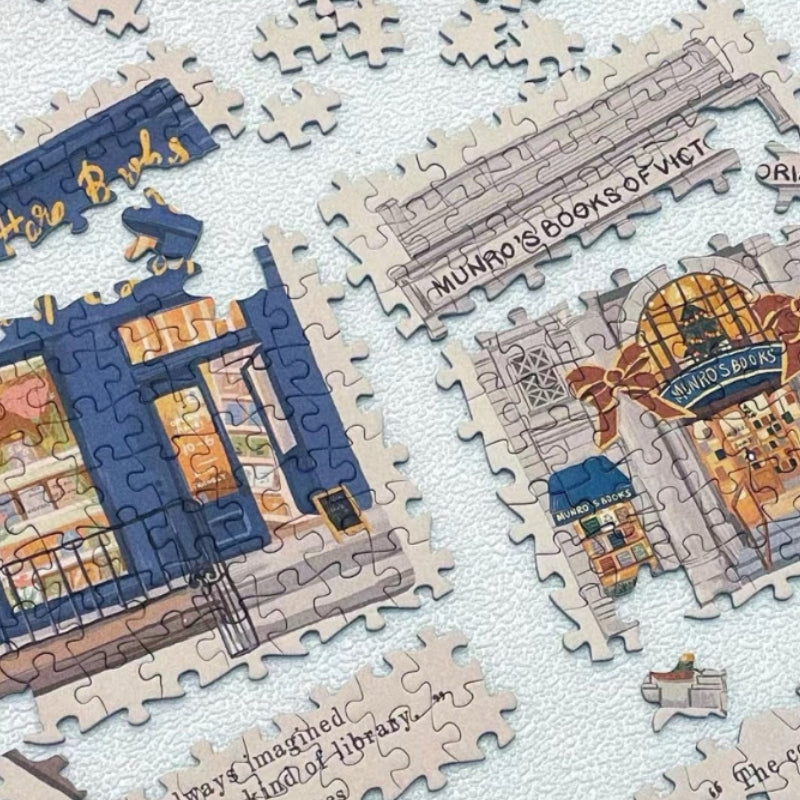 Close-up of assembled Munro’s Books of Victoria puzzle pieces showing bookstore details.