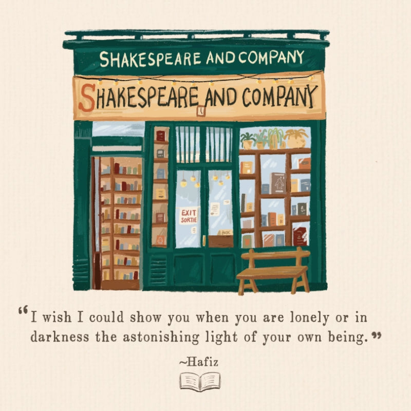 Illustrated storefront of Shakespeare and Company bookstore with Hafiz quote.