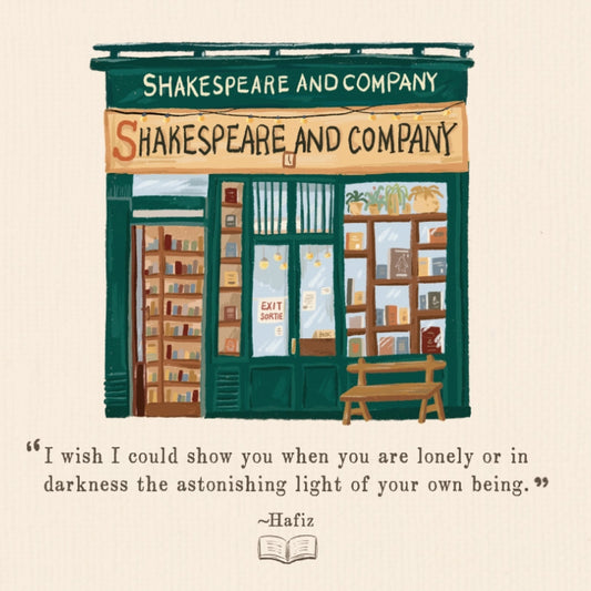 Illustrated storefront of Shakespeare and Company bookstore with Hafiz quote.