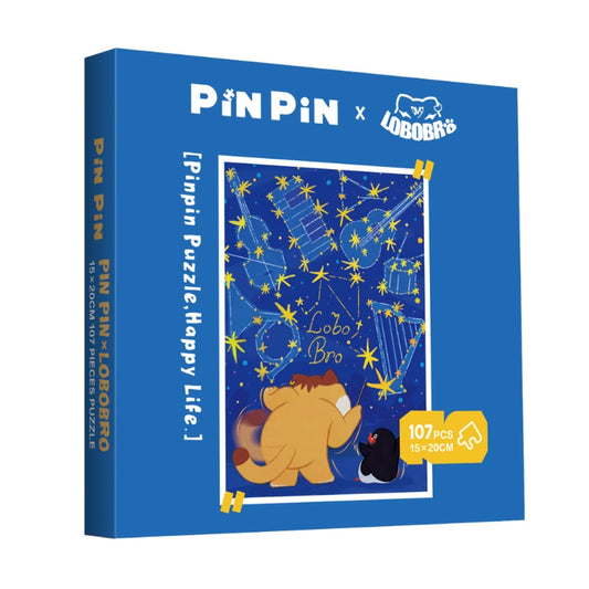 Box image of Pin Pin x Lobobro "Star Sign" Mini Puzzle featuring Lobobro and penguin looking at constellations in a starry night sky.