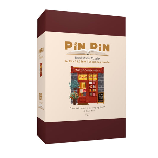 Pin Pin Mini Puzzle box of The Second Shelf bookstore with red storefront and cozy book display, 169-piece bookish jigsaw puzzle.