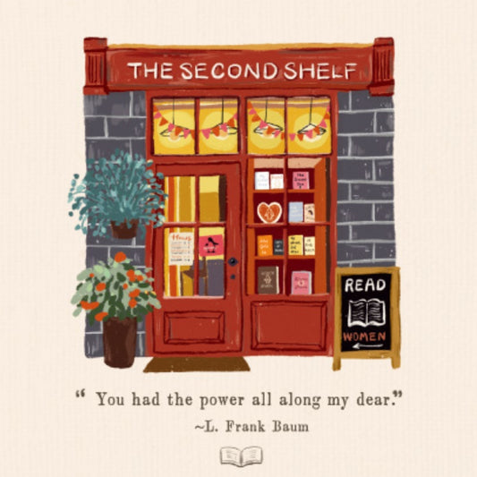 Illustrated storefront of The Second Shelf bookshop with plants, books, and a chalkboard sign that reads Read Women.