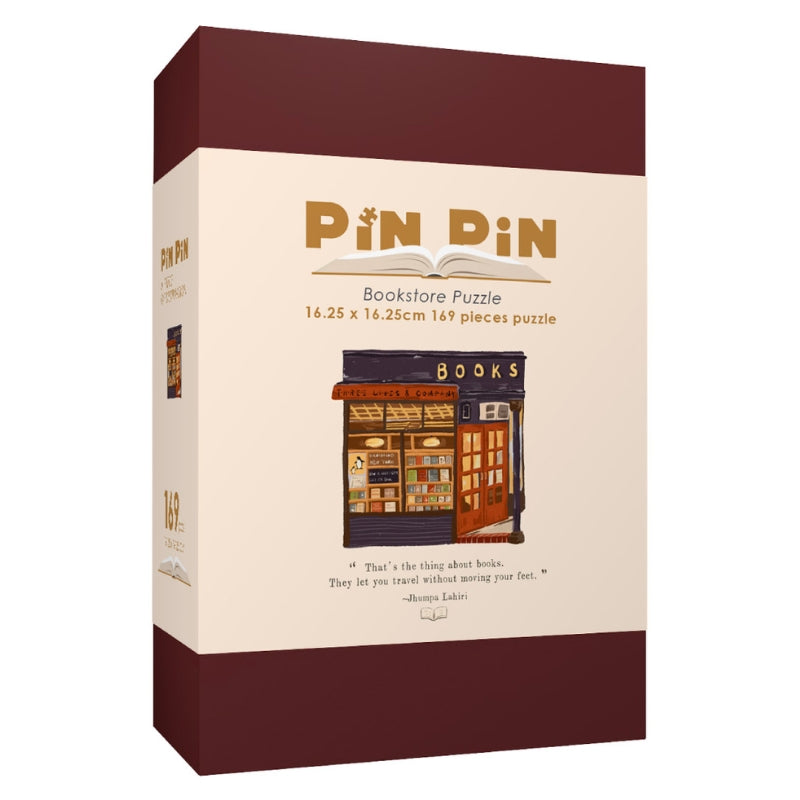 Pin Pin puzzle box featuring Three Lives & Company bookstore design, 169 pieces.