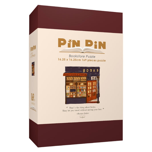 Pin Pin puzzle box featuring Three Lives & Company bookstore design, 169 pieces.