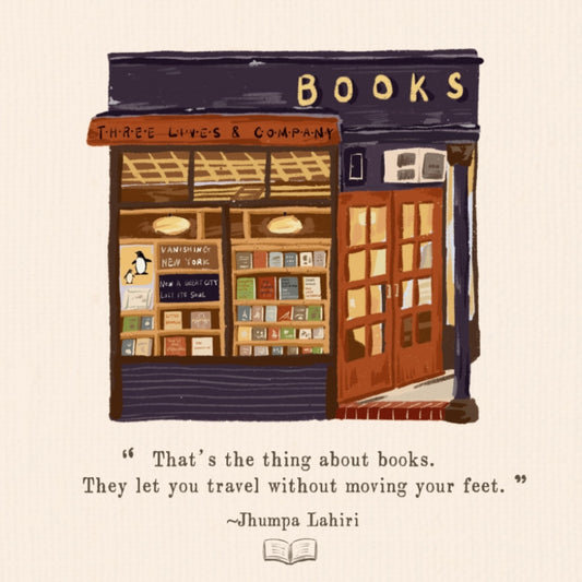 Illustrated artwork of Three Lives & Company bookstore storefront.