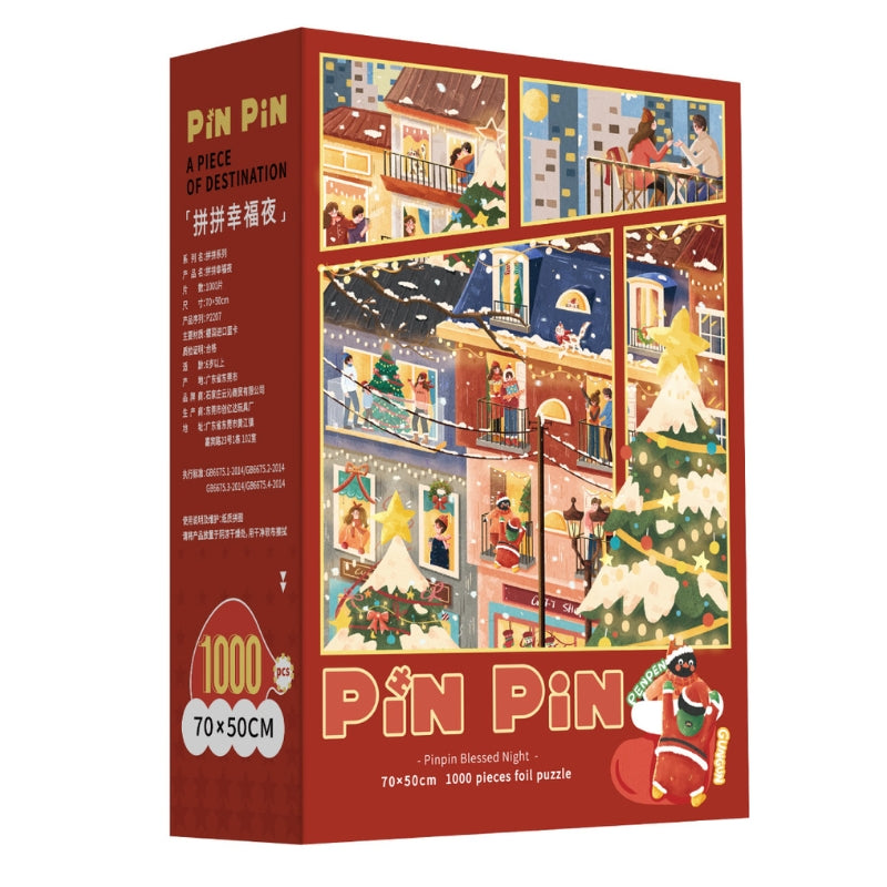 Pinpin Blessed Night 1000 piece puzzle box featuring a festive winter night scene with Christmas trees, snow, and holiday lights.