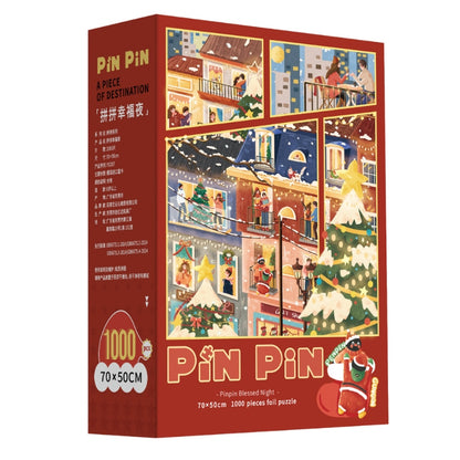 Pinpin Blessed Night 1000 piece puzzle box featuring a festive winter night scene with Christmas trees, snow, and holiday lights.