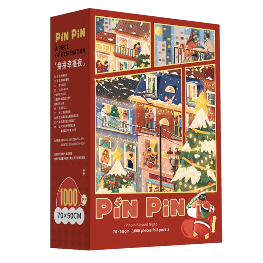 Pinpin Blessed Night 1000 piece puzzle box featuring a festive winter night scene with Christmas trees, snow, and holiday lights.