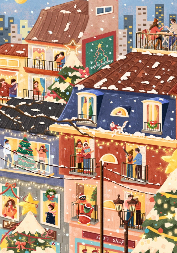 Illustrated Pinpin Blessed Night puzzle artwork showing colorful buildings, families celebrating, and Christmas trees in the snow.