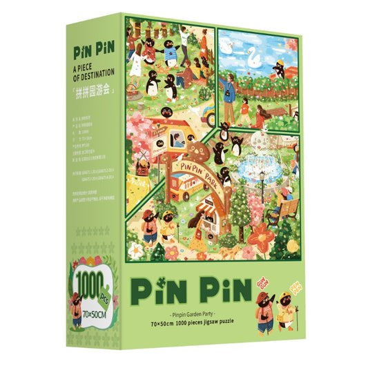 Pinpin Garden Party 1000 piece puzzle box featuring colorful artwork of penguins celebrating in a lively garden park.