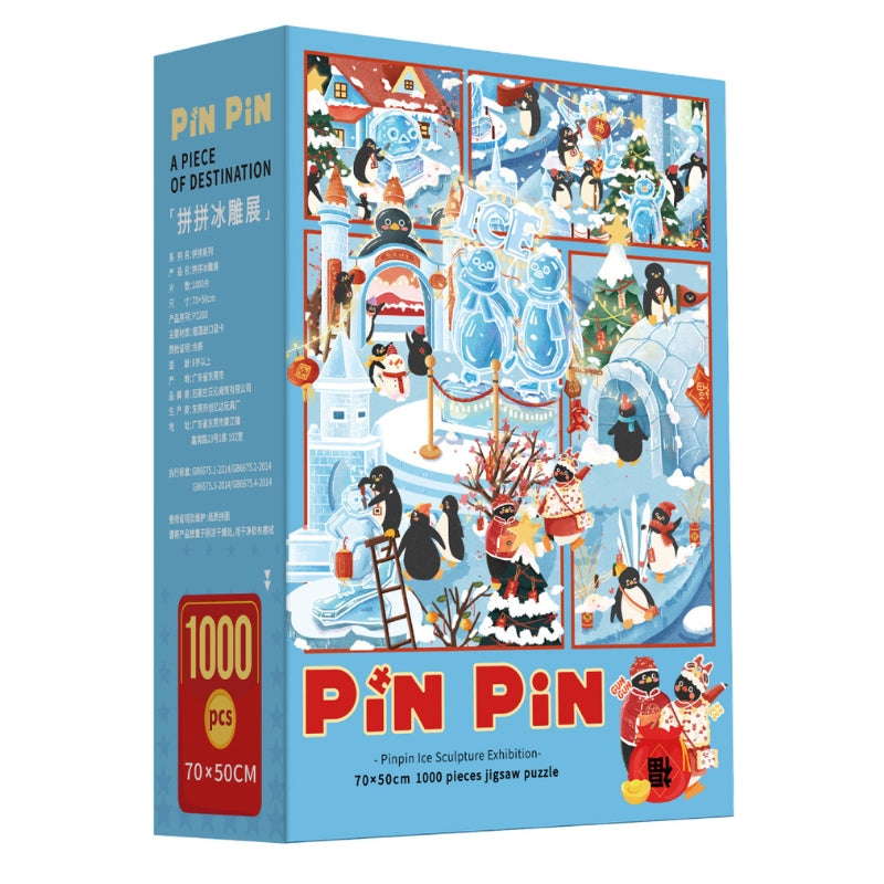 Pinpin Ice Sculpture Exhibition 1000 piece puzzle box featuring vibrant artwork of penguins, snow castles, and glowing ice sculptures.