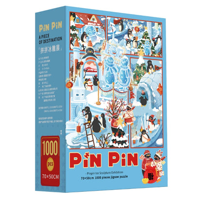 Pinpin Ice Sculpture Exhibition 1000 piece puzzle box featuring vibrant artwork of penguins, snow castles, and glowing ice sculptures.