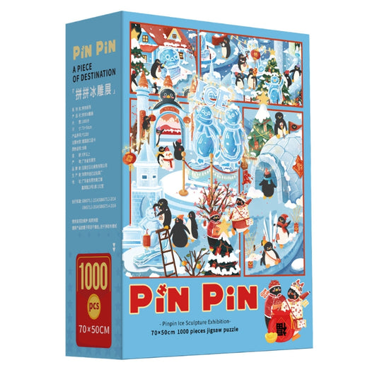 Pinpin Ice Sculpture Exhibition 1000 piece puzzle box featuring vibrant artwork of penguins, snow castles, and glowing ice sculptures.