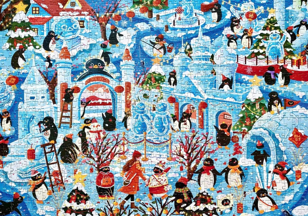 Completed Pinpin Ice Sculpture Exhibition puzzle showing penguins celebrating at a snowy festival with ice castles and decorations.