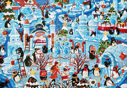 Completed Pinpin Ice Sculpture Exhibition puzzle showing penguins celebrating at a snowy festival with ice castles and decorations.