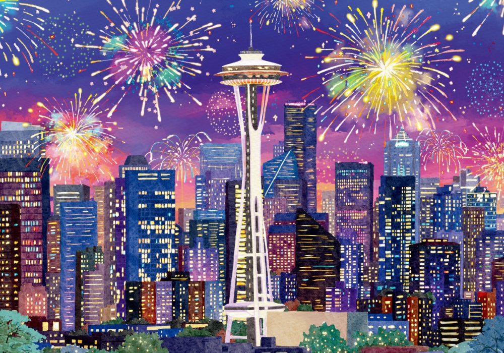 Pinpin iCity Seattle 1000 piece puzzle artwork showing the Space Needle, city skyline, and colorful fireworks at night.