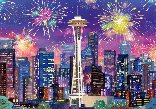 Pinpin iCity Seattle 1000 piece puzzle artwork showing the Space Needle, city skyline, and colorful fireworks at night.