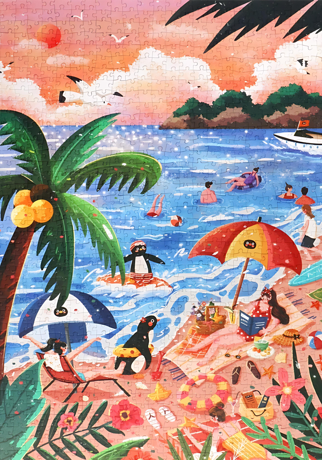 Completed Pinpin Sunshine Coast 1000 piece jigsaw puzzle showing penguins and people enjoying a tropical beach scene at sunset.