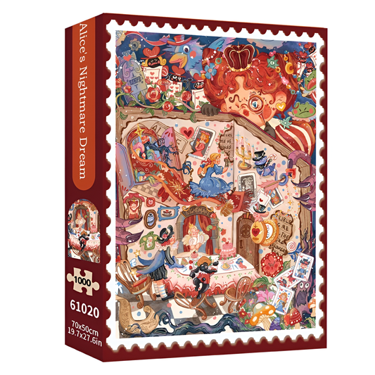 Puzzle box of Alice’s Nightmare Dream showing a vibrant and detailed illustration of whimsical characters and fantasy scenes.