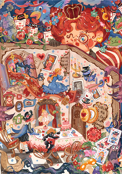 Detailed view of the completed Alice’s Nightmare Dream puzzle, showcasing the rich colors and intricate fantasy characters and objects.