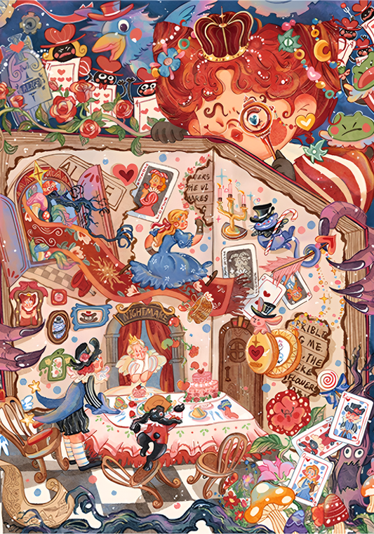 Detailed view of the completed Alice’s Nightmare Dream puzzle, showcasing the rich colors and intricate fantasy characters and objects.