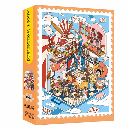 Puzzle box of Alice’s Wonderland showing the colorful and whimsical artwork on the front and side.
