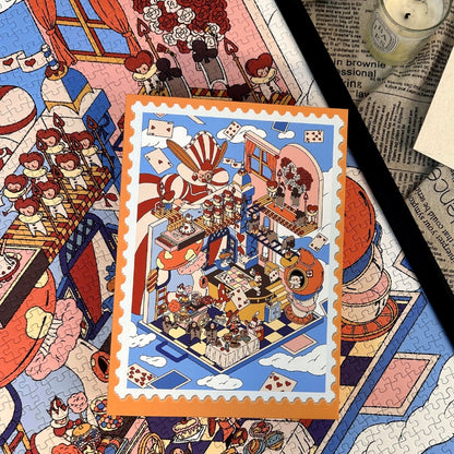 Postcard-sized artwork of Alice’s Wonderland puzzle placed on the completed puzzle surface with vivid detail.