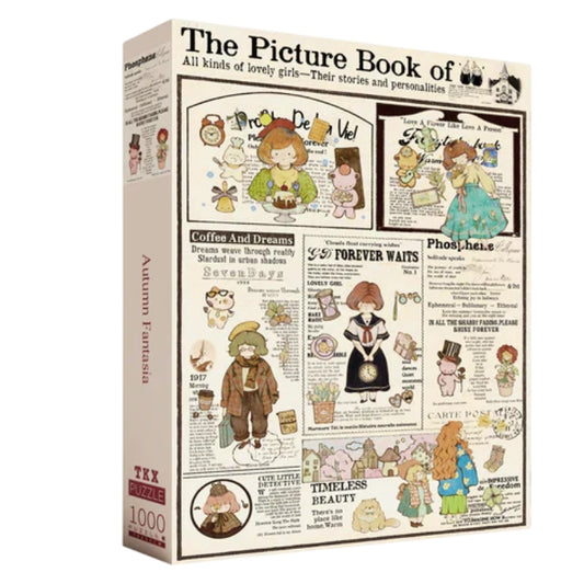 Puzzle box for Autumn Fantasia standing upright, showing the artwork and puzzle details on the front and side.