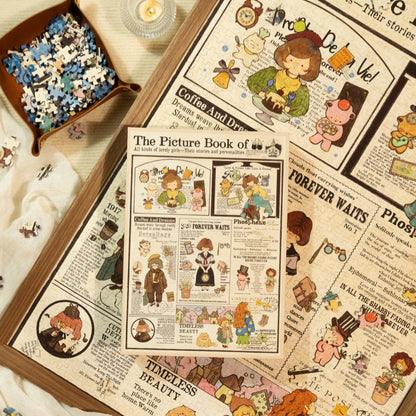 Overhead shot of Autumn Fantasia puzzle in progress on a table, showing scattered pieces and a detailed section of the puzzle with girls and autumn-themed illustrations.