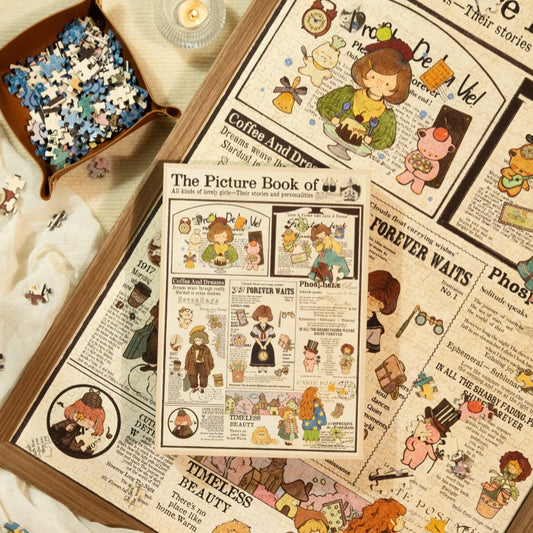 Overhead shot of Autumn Fantasia puzzle in progress on a table, showing scattered pieces and a detailed section of the puzzle with girls and autumn-themed illustrations.