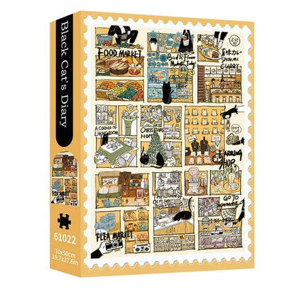 Puzzle box of Black Cat’s Diary showing a collage of whimsical scenes with black cats in various settings including markets and shops.