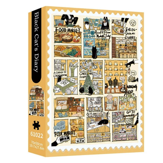 Puzzle box of Black Cat’s Diary showing a collage of whimsical scenes with black cats in various settings including markets and shops.