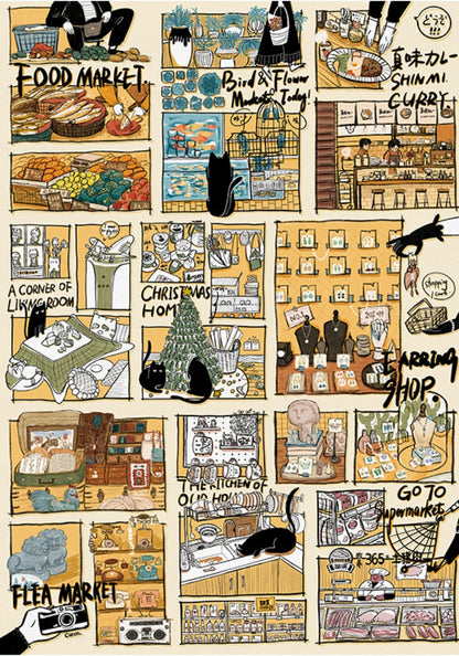 Detailed close-up of the Black Cat’s Diary puzzle artwork, highlighting cats interacting with items in colorful, lively scenes.