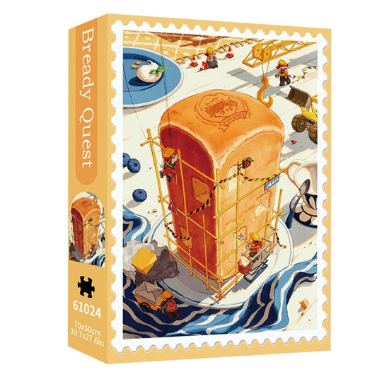 Puzzle box for Bready Quest showing the artwork of tiny workers building a large loaf of bread in a colorful kitchen setting.
