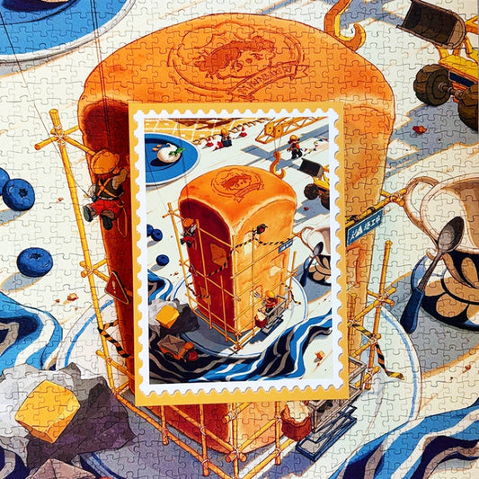 Close-up of the completed Bready Quest puzzle with a postcard-sized image of the artwork placed on top.