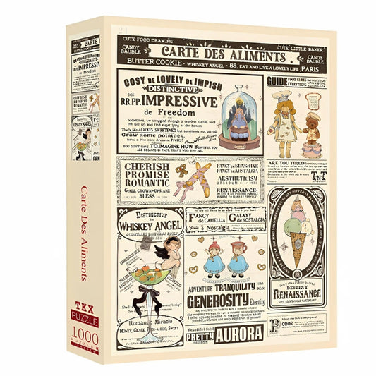 Puzzle box of Carte Des Aliments showing vintage food-themed artwork with playful characters and typography on the front and side.